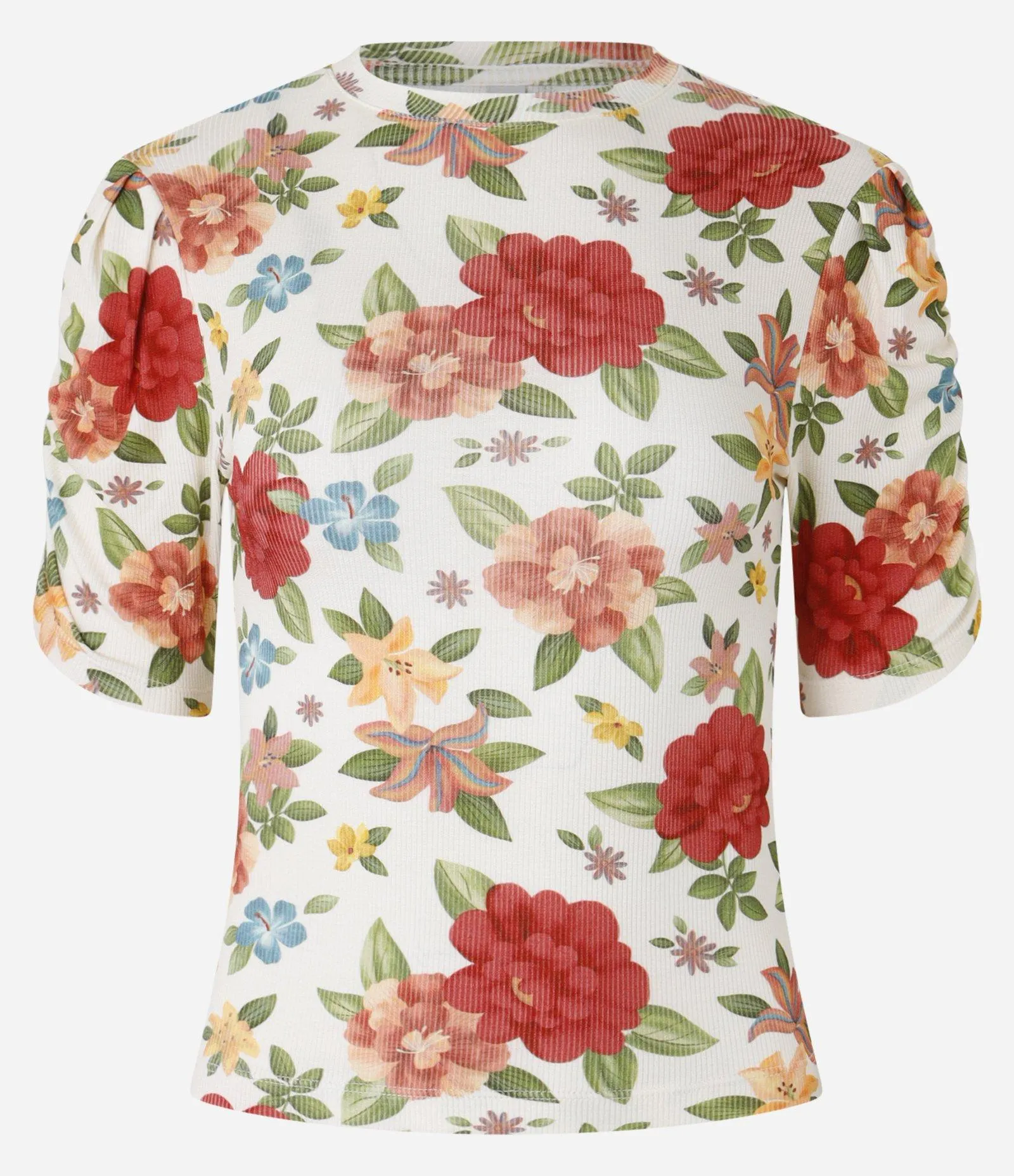 Blusa em Ribana com Franzidinho e Estampa Floral Branco