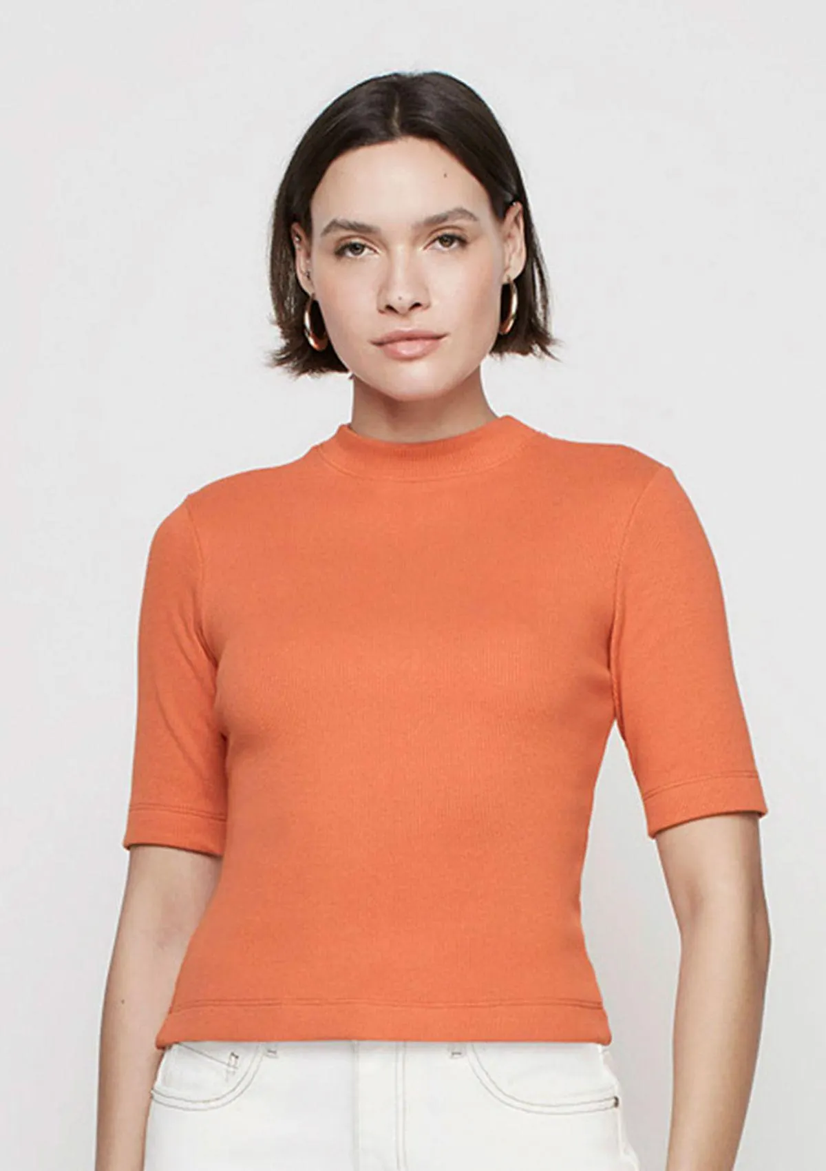 Blusa Canelada Decote Redondo Ajustada - Laranja