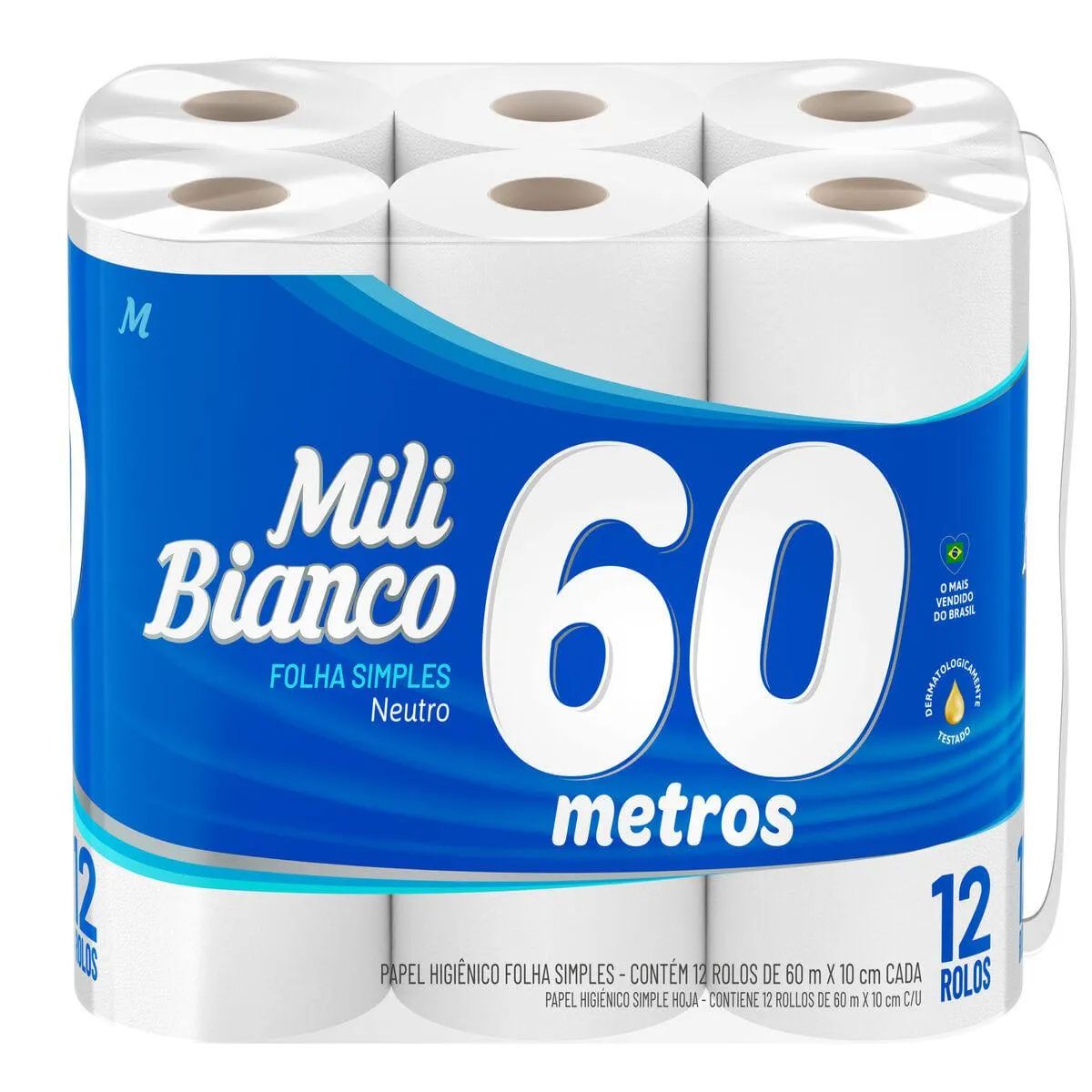 Papel Higiênico Folha Simples Mili Bianco Neutro 60m Com 12