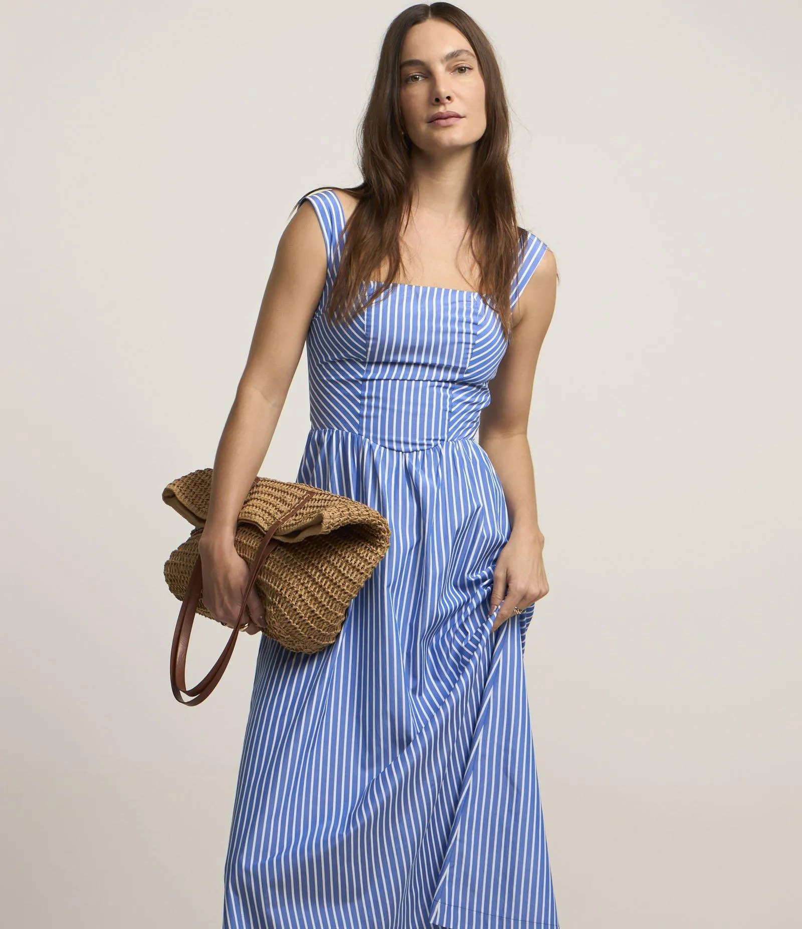 Vestido Listrado em Tricoline com Lastex Azul