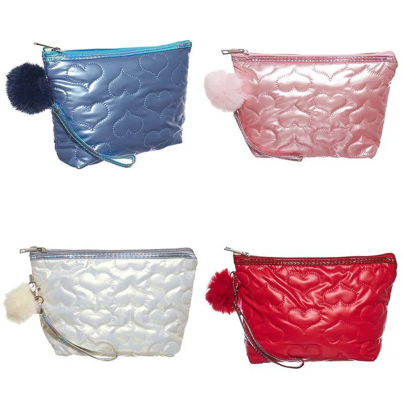 Necessaire Com Pompom Trapézio Alça de Mão Removivel Costura Coração Poliéster Sortida NS2302 - Qualis
