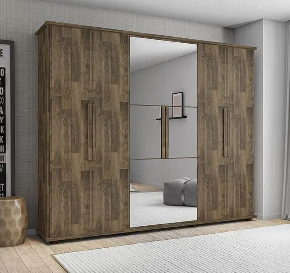 Guarda Roupas RV Móveis Canadá - Espelho, 6 Portas, 4 Gavetas - Amadeirado