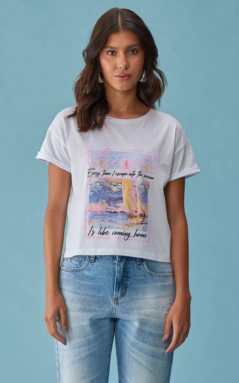 Camiseta Cropped Estampada - BRANCO