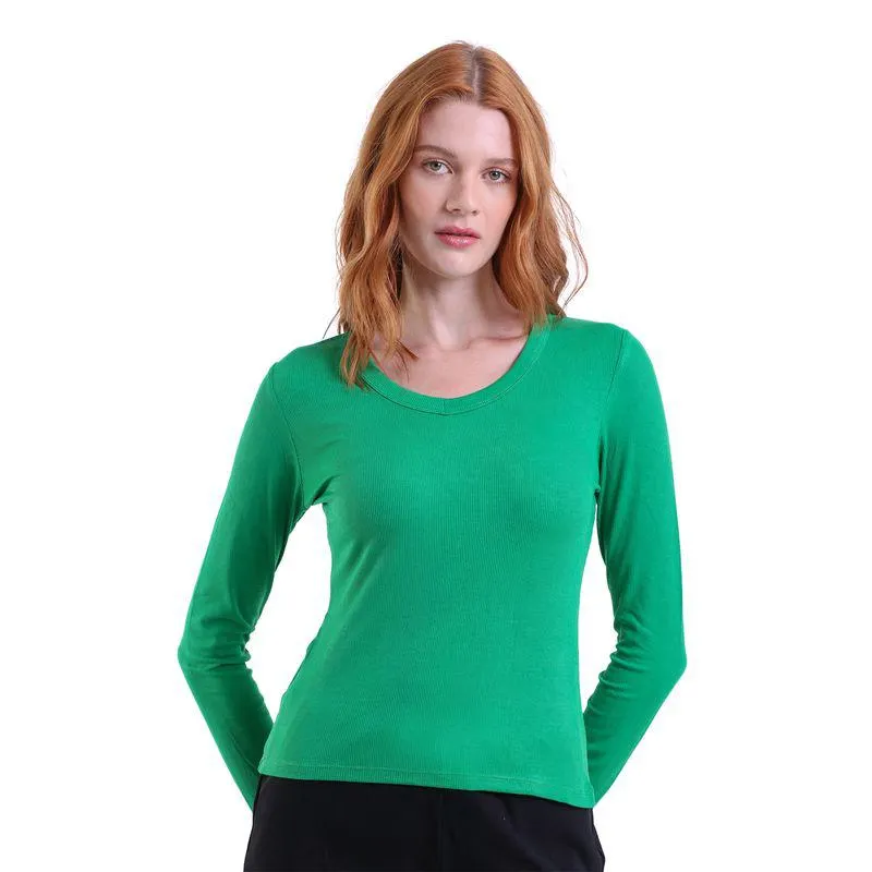 Blusa Manga Longa Decote U Canelada Trendz Verde Bandeira