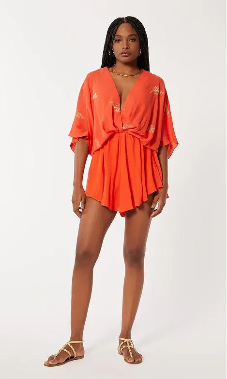 Macaquinho Bordado Folha Ouro - Vermelho