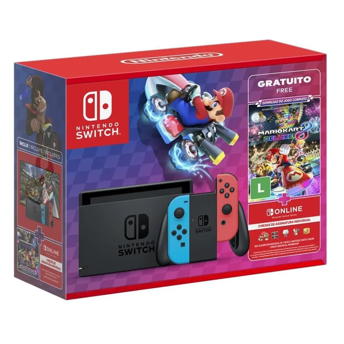 Console Nintendo Switch com 1 Controle Joy-Con vermelho e Azul + Mario Kart 8 (download completo) + 3 Meses Assinatura, HBDSKABL3