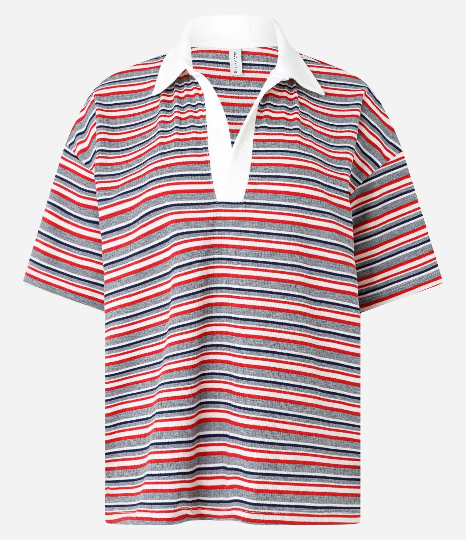 Blusa Polo Oversized em Ribana Listrada com Gola Contrastante Multicores