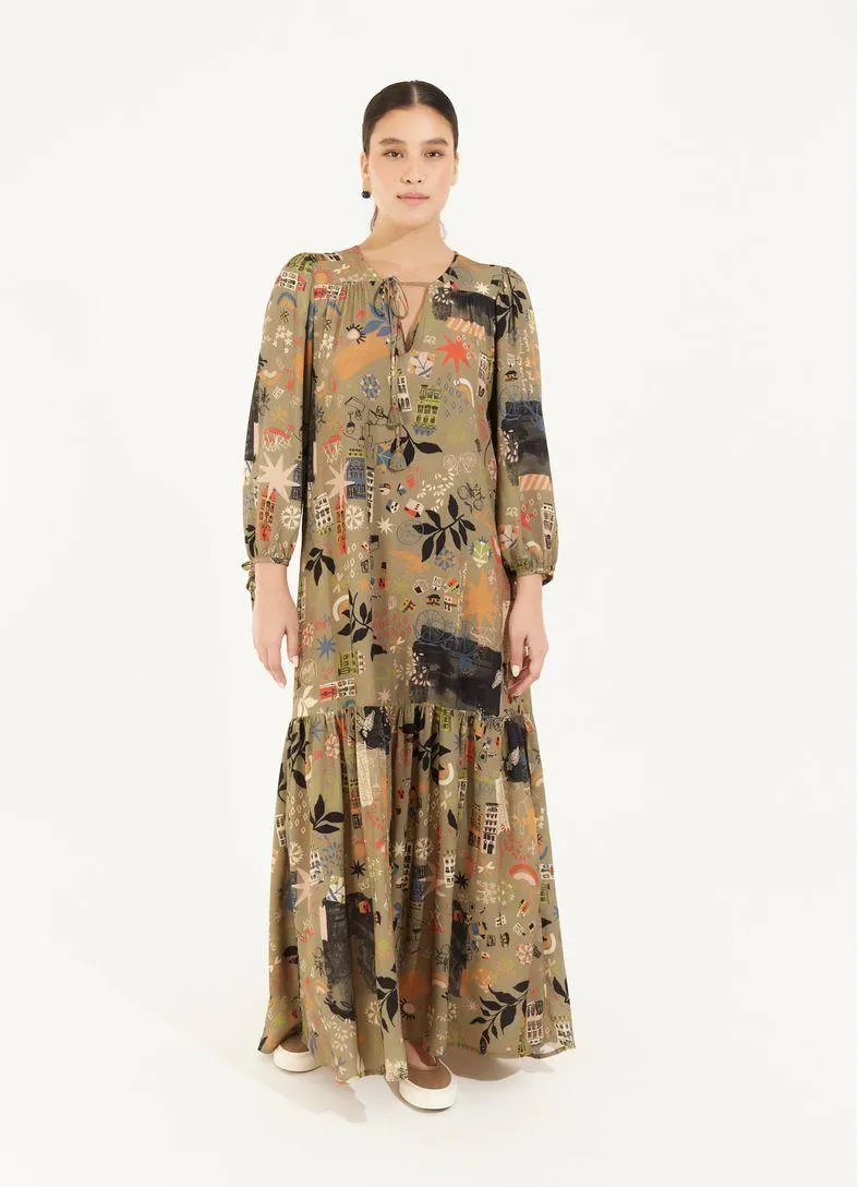 Vestido longo estampado fronteira