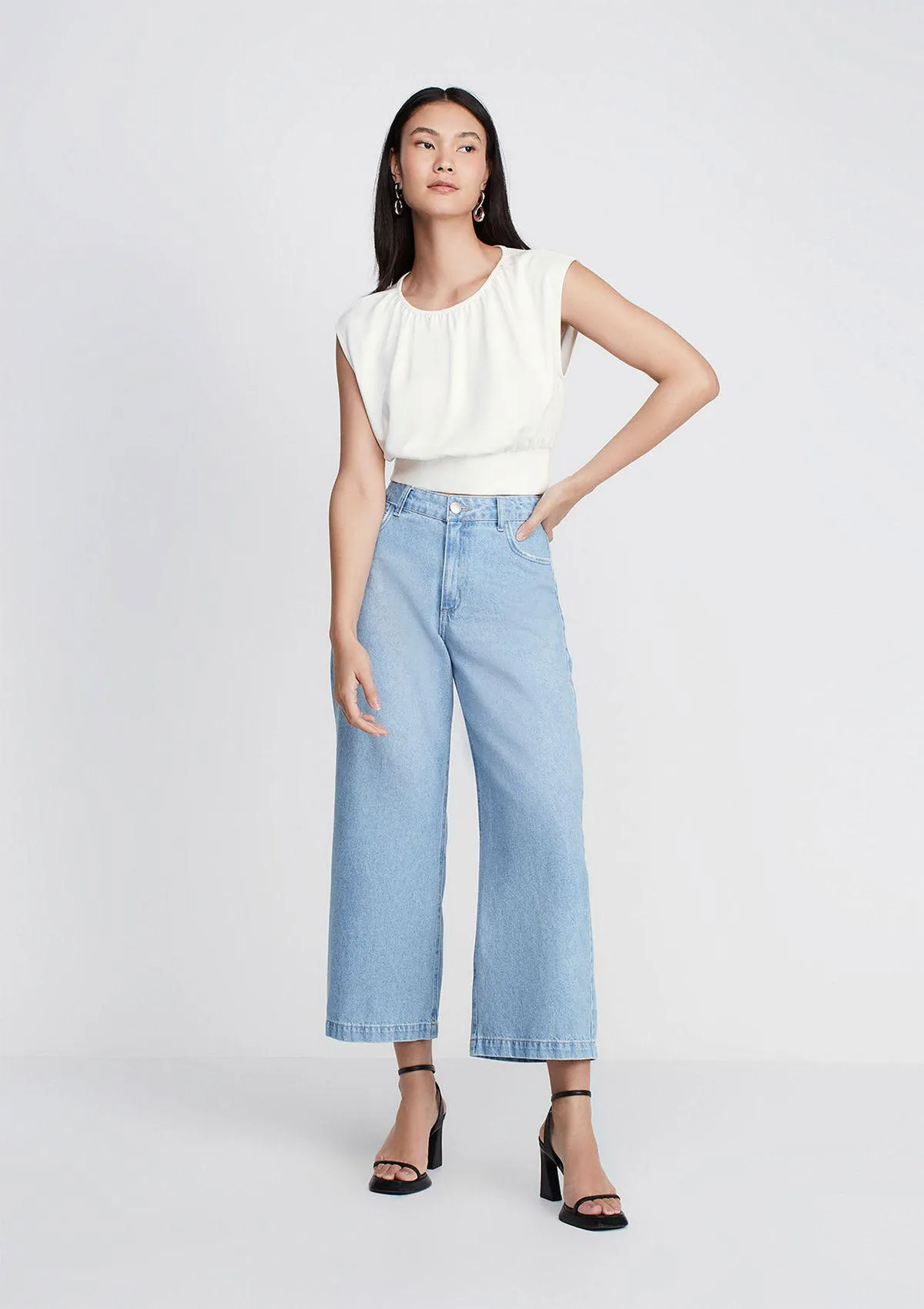 Calça Jeans Wide Leg Cropped Cintura Alta - Azul