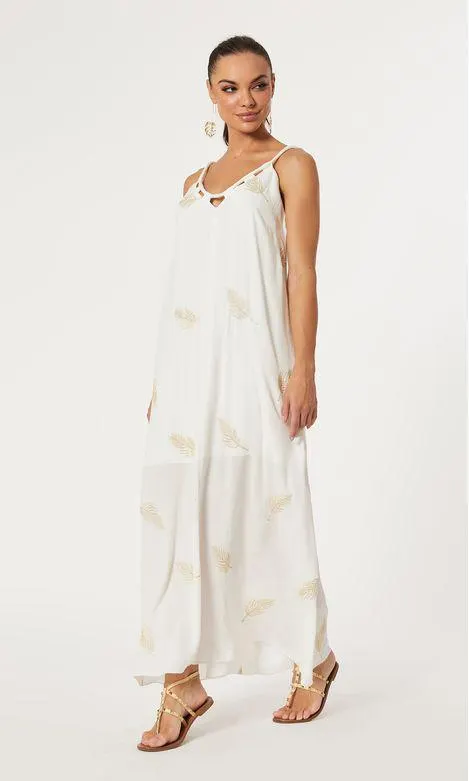 Vestido Longo Corda Bordado Folha Ouro - Off