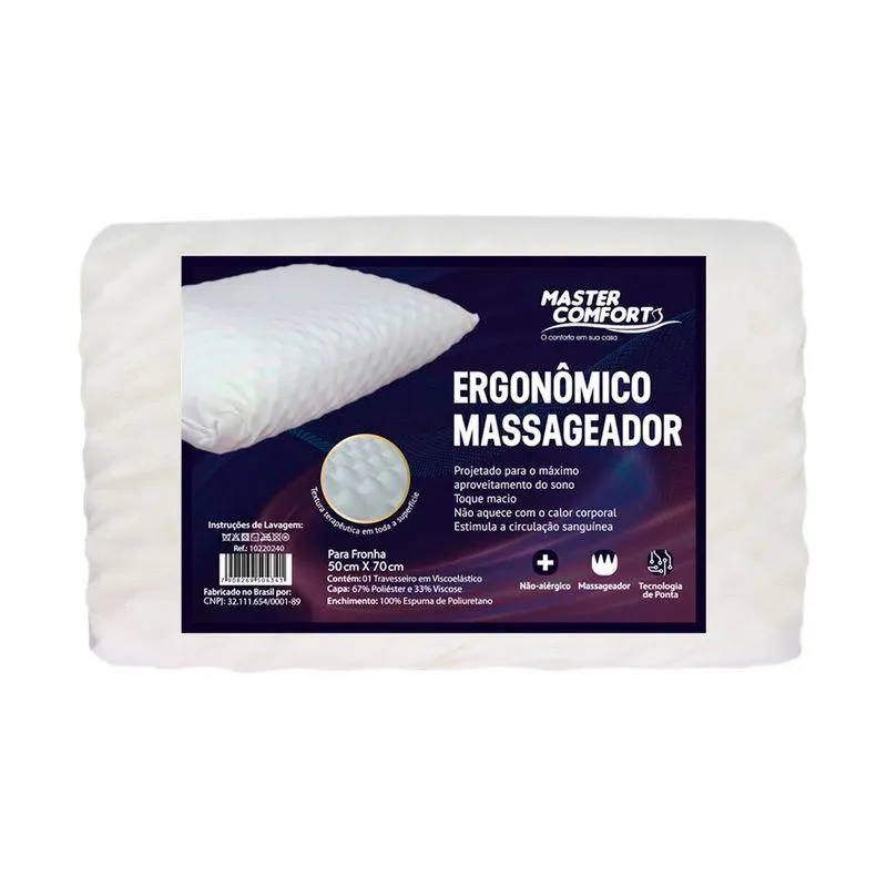 Travesseiro Viscoelástico Massageador Ergonômico Branco 60x40cm 10220240 - Master Comfort