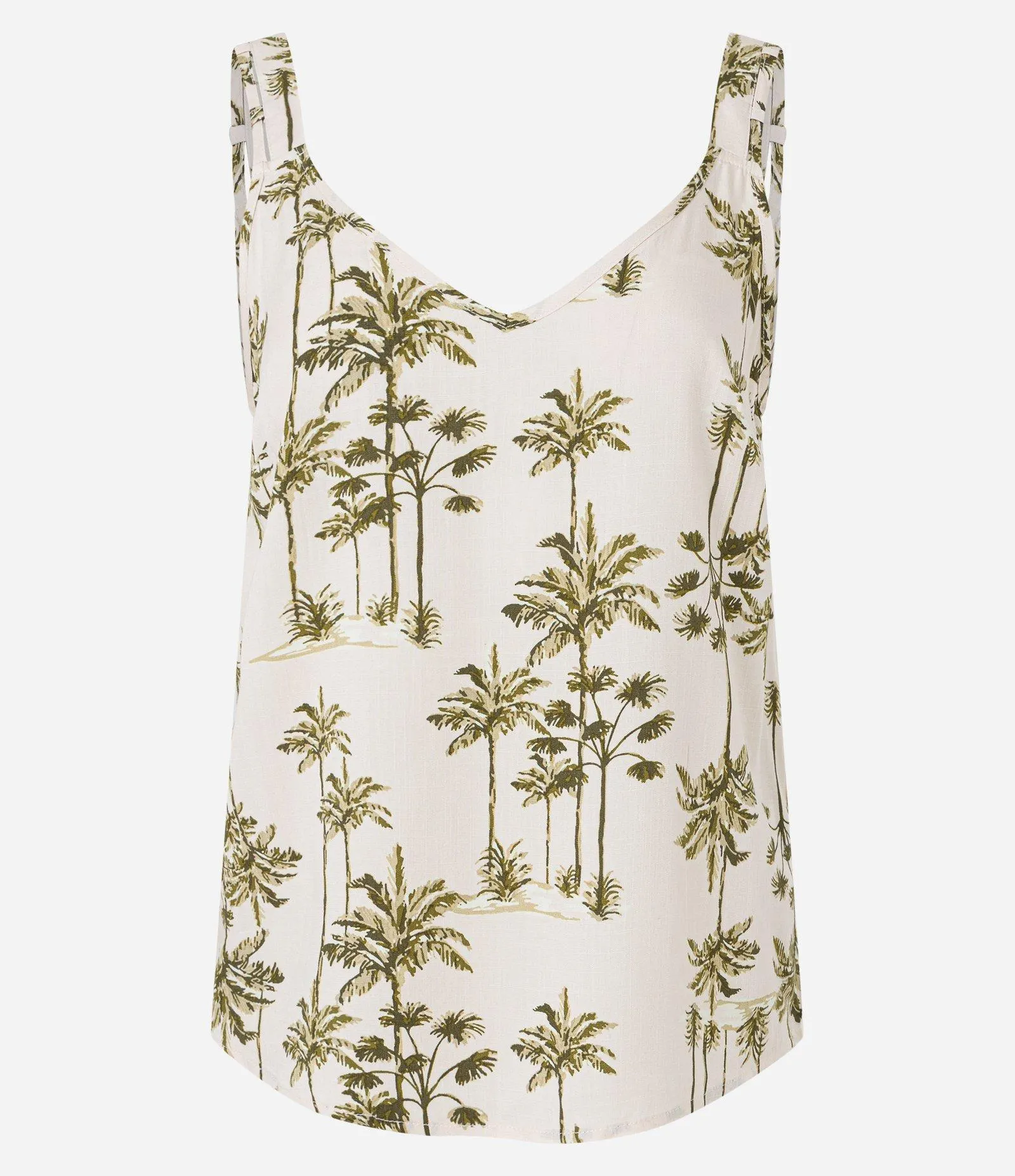 Blusa Sem Manga em Viscolinho com Coqueiros Estampados Bege