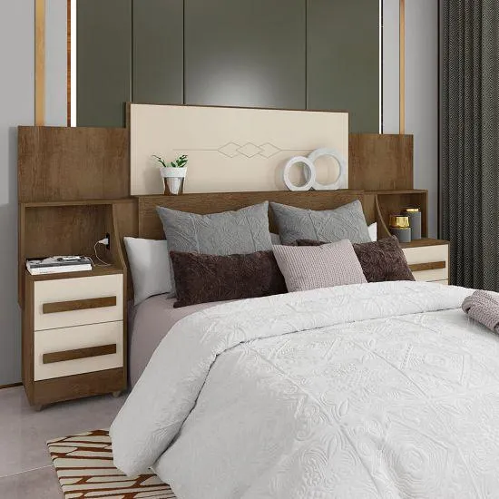 Cabeceira Para Box RV Móveis Síria - 4 Gavetas, 2 Tomadas - Freijó/Offwhite