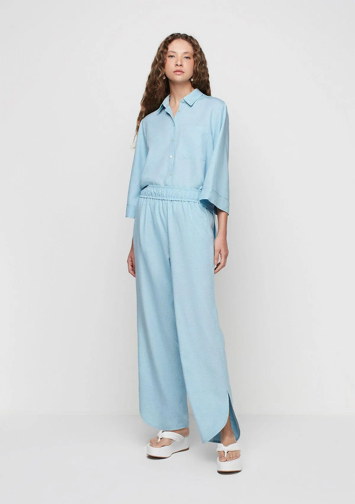 Calça Wide Leg Cintura Alta Com Linho - Azul