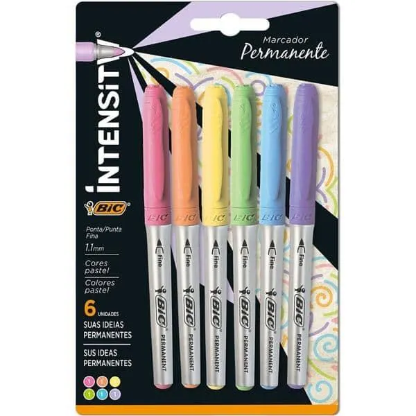 Pincel Marcador Permanente BIC Marking Intensity, Ponta Média, 6 Cores Tons Pastéis, Superfícies Diversas, 891855 - BT 1 UN