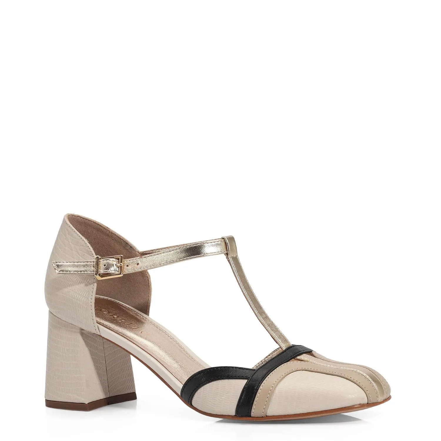 Scarpin Couro Lezard Off White/Preto/Bege