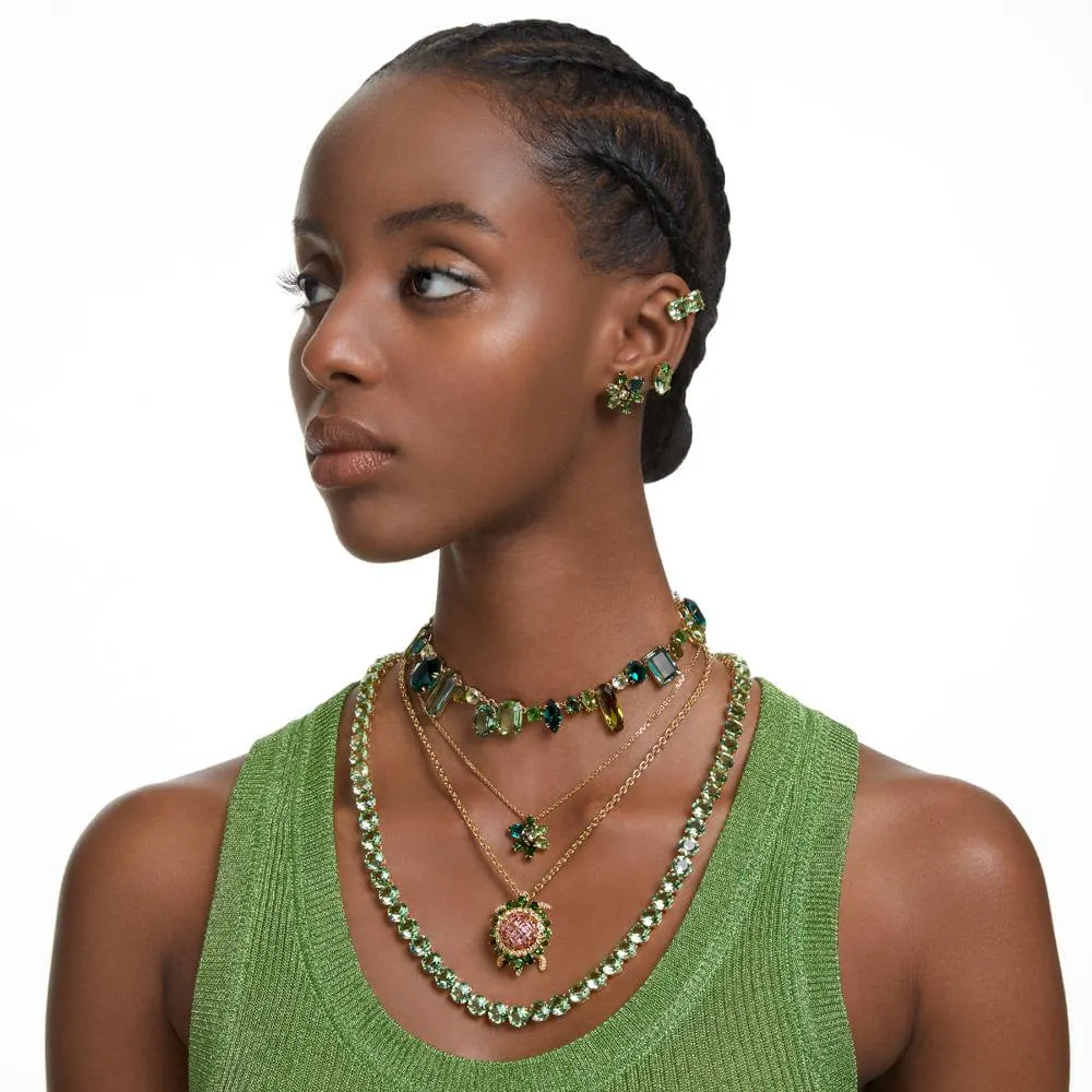 Brincos stud Gema, Combinação de lapidações, Flor, Verde, Lacado a dourado