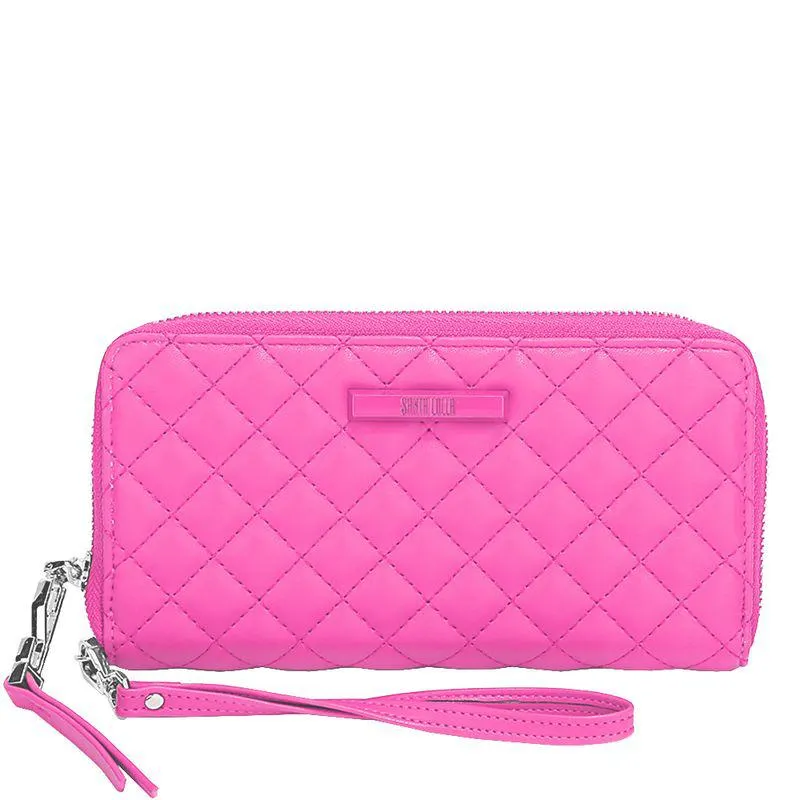 Carteira Retangular Matelassê de Couro Mestiço Pu Rosa Neon