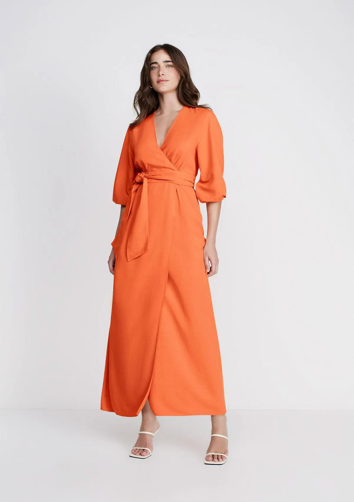 Vestido Midi Manga Longa Decote V - Laranja