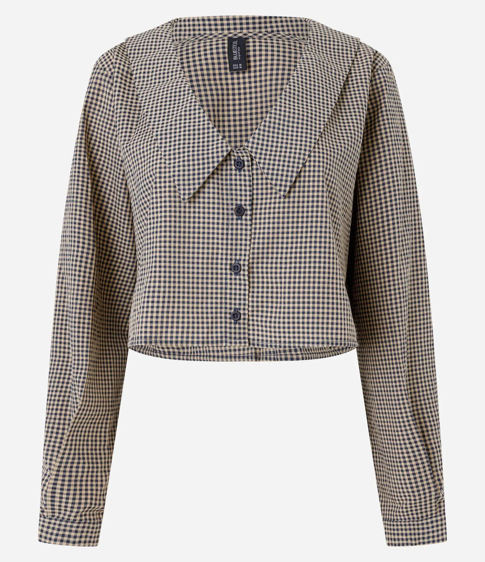 Camisa Cropped em Tricoline Xadrez com Lapelas e Botões Marrom