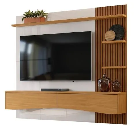 Painel para TV até 60 Polegadas Ripado 3D com Gavetas 1,8m Europa Freijó/Off White Lukaliam