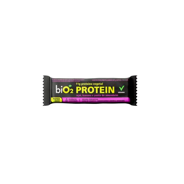 Barra de Proteína Vegana biO2 Protein Açaí, Banana e Pasta de Amendoim Cobertura Chocolate Meio Amargo 45g