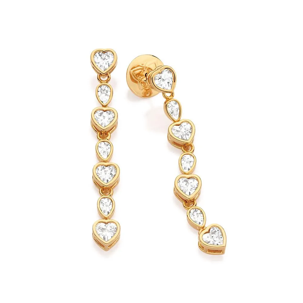 BRINCO PÊNDULO CORAÇÕES E GOTAS BANHADO A OURO 18K COM ZIRCÔNIAS - TAM.ÚNICO 5274930006
