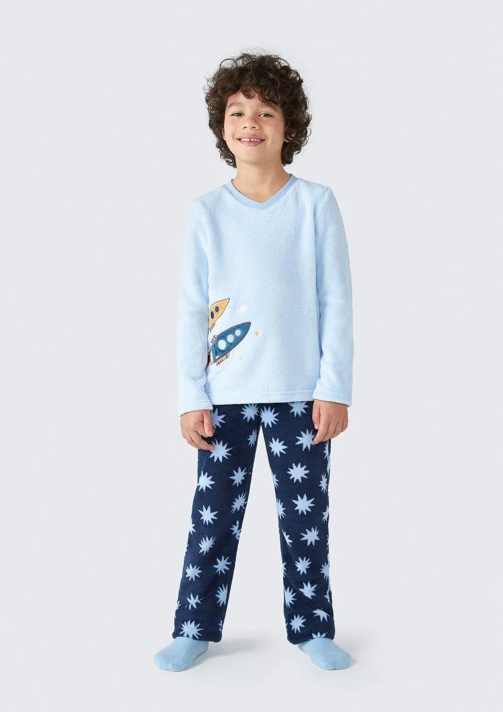 Pijama Infantil Menino Longo Estampado Em Fleece - Azul