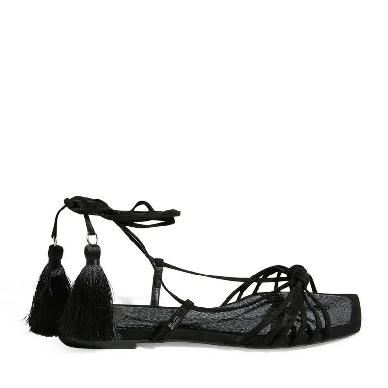 Rasteira Preta Couro Camurça com Amarração