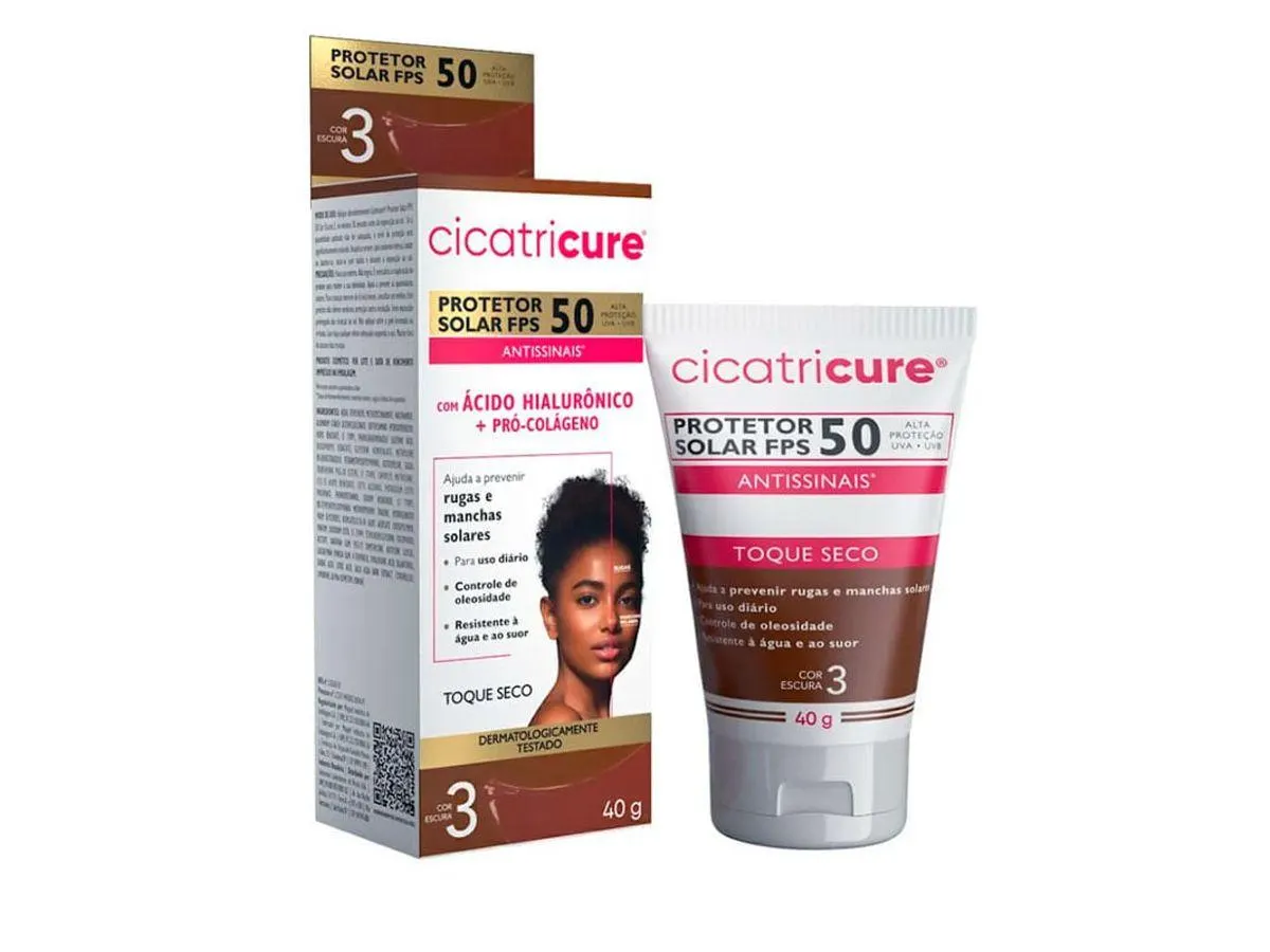 Protetor Solar Facial Cicatricure Antissinais Toque Seco FPS50 Cor Escura 40g
