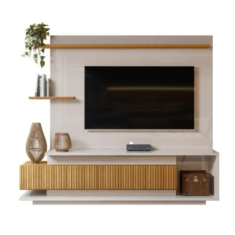 Estante Home Teather para TV até 65 Polegadas 2 Portas Ripado Impressão 3D 2,10m Istambul Freijó/Off White Perolizado Lukaliam