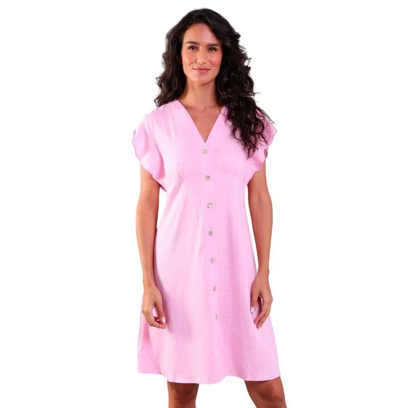 Vestido Linho Evasê com Botões Rosa