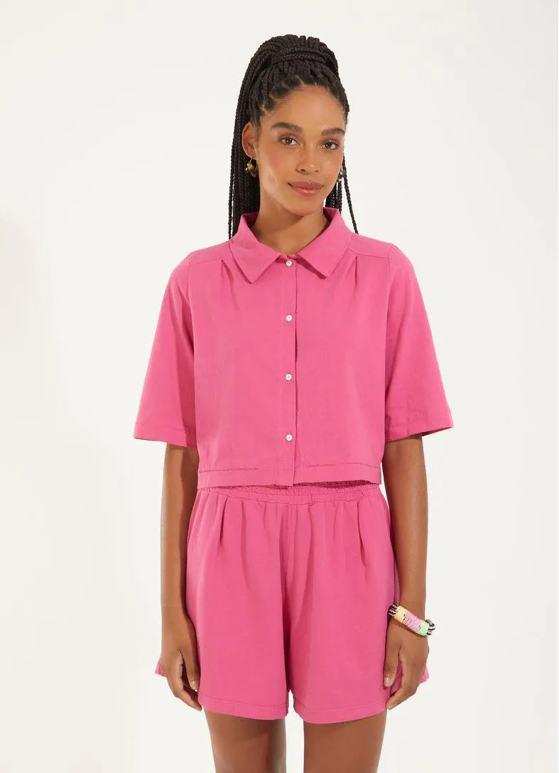 Camisa cropped malha rosa