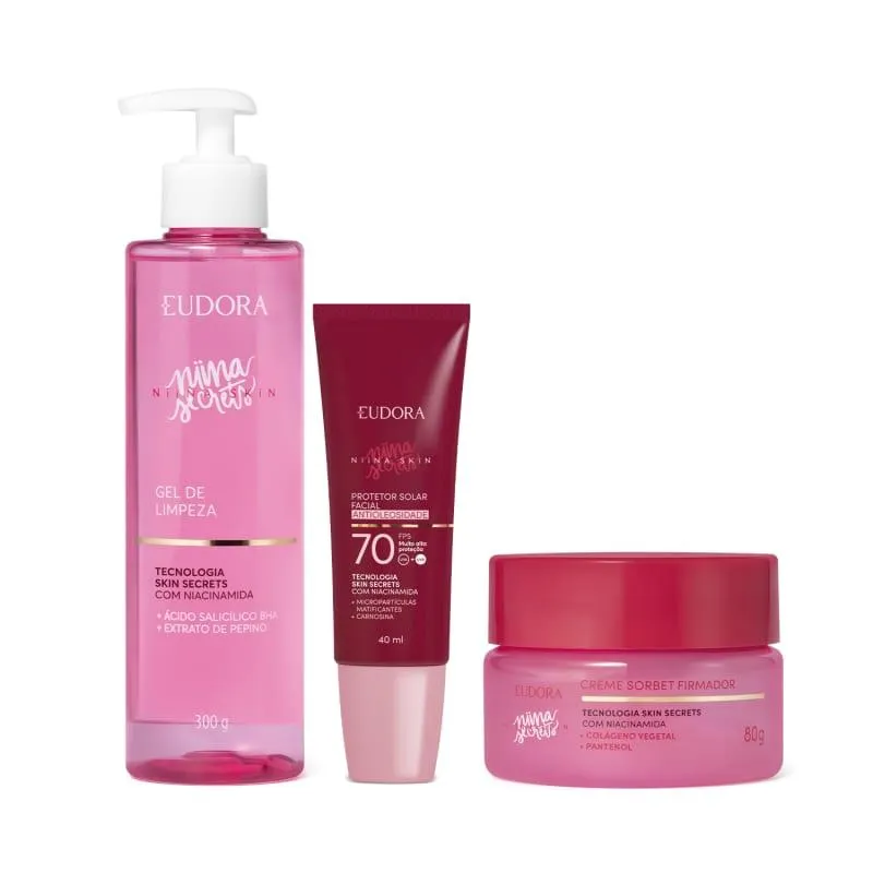 Combo Niina Secrets Skin: Gel de Limpeza 300g + Sorbet Firmador Facial 80g + Protetor Solar Facial Antioleosidade FPS 70 40ml