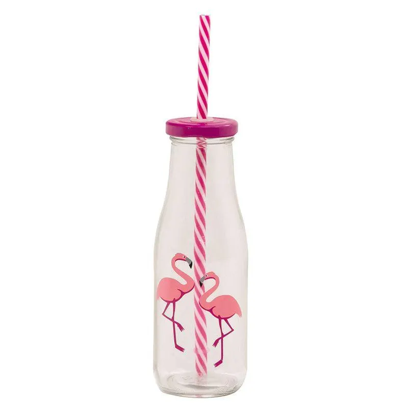 Garrafa de Vidro com Tampa e Canudo Flamingo 400mL Rosa - Solei