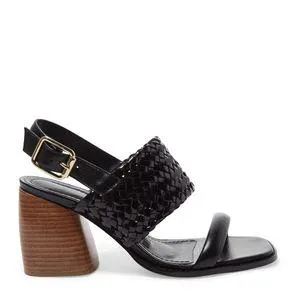 Sandália Preta Couro Salto Bloco