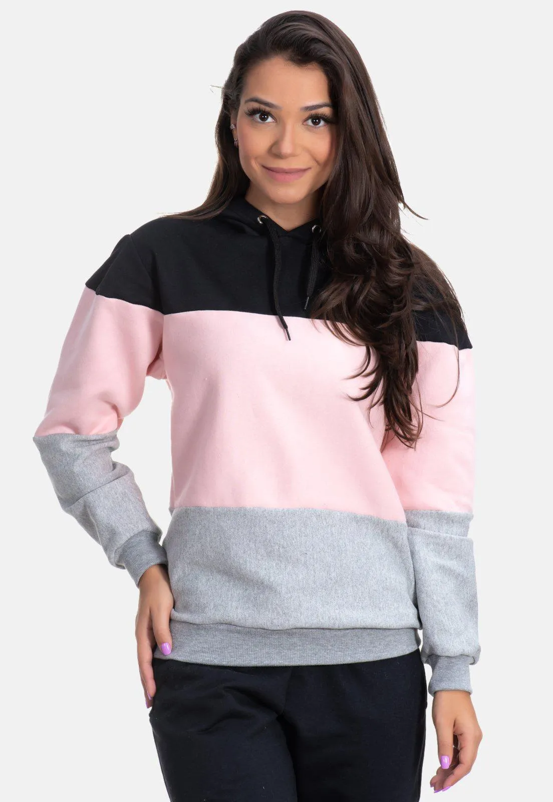 Blusa Moletom On Fleek Com Capuz Listrado