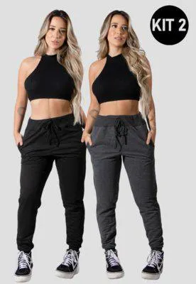 Kit 2 Calças Moletinho Com Punho 4 Estações Feminino Flanelado Lisa Inverno Cintura Alta Preto/Cinza