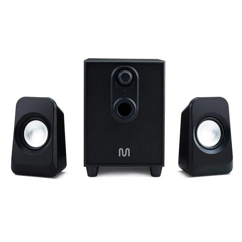 Caixas de Som 2.1 c/ Subwoofer 20w RMS Alimentação Bivolt Conexão P2 Controle de Volume e Graves Preto - SP377