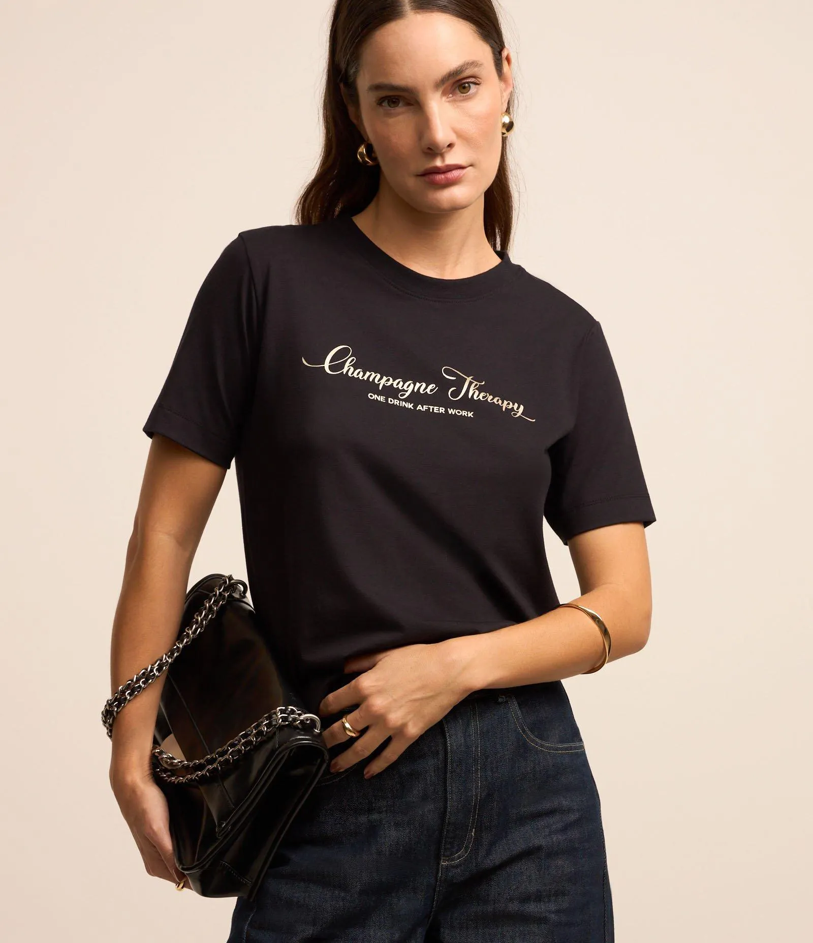 Blusa em Algodão com Estampa Champagne Therapry Preto