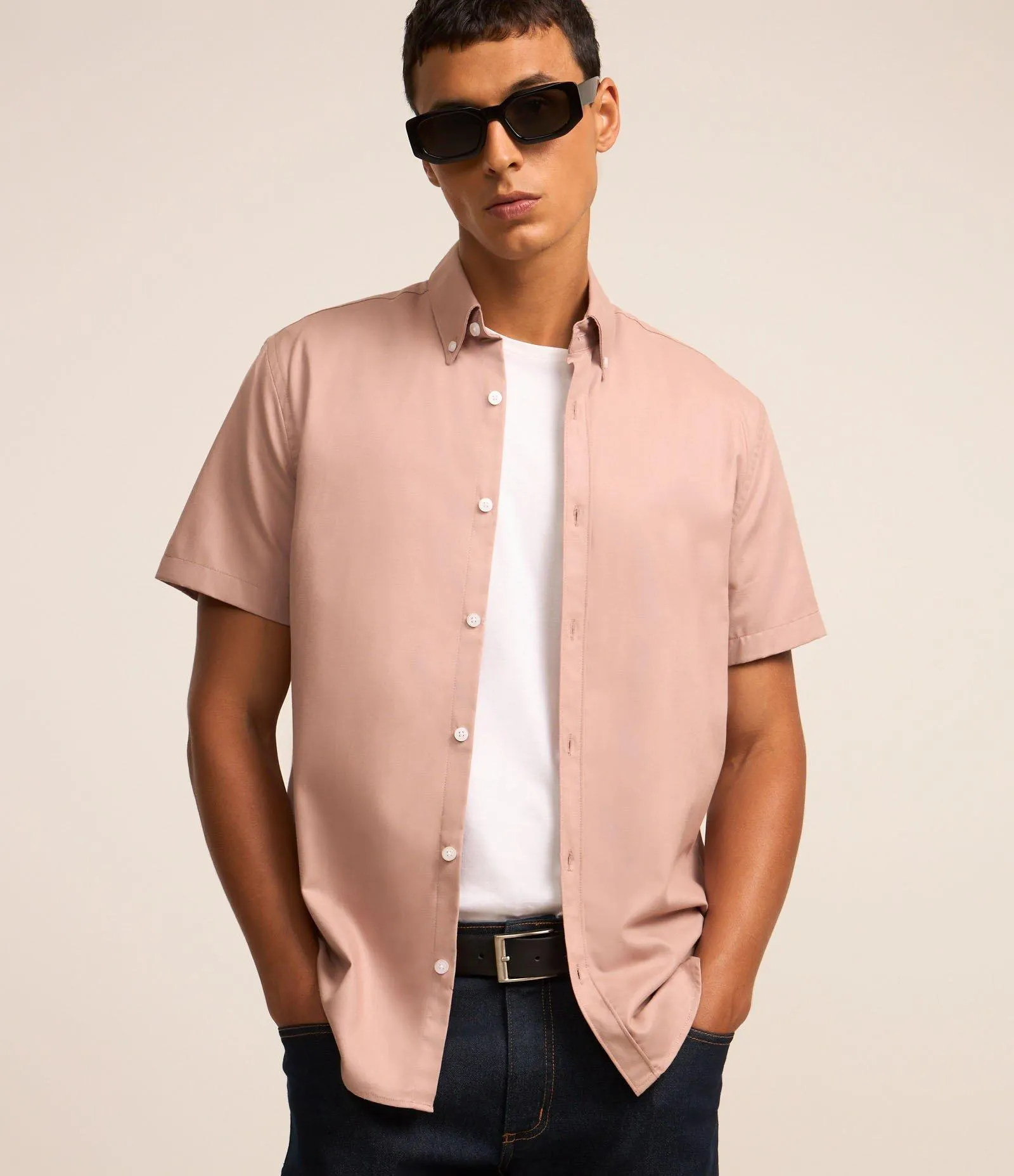 Camisa Comfort em Oxford com Gola Colarinho e Manga Curta Branco