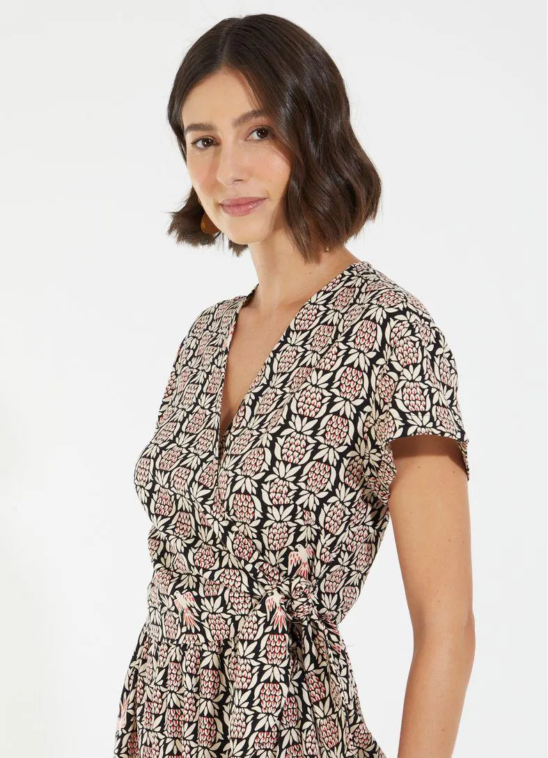Vestido curto estampado padrão ananas preto