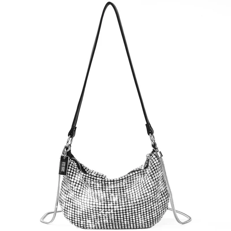 Bolsa Hobo de Strass Prata com Corrente Transversal
