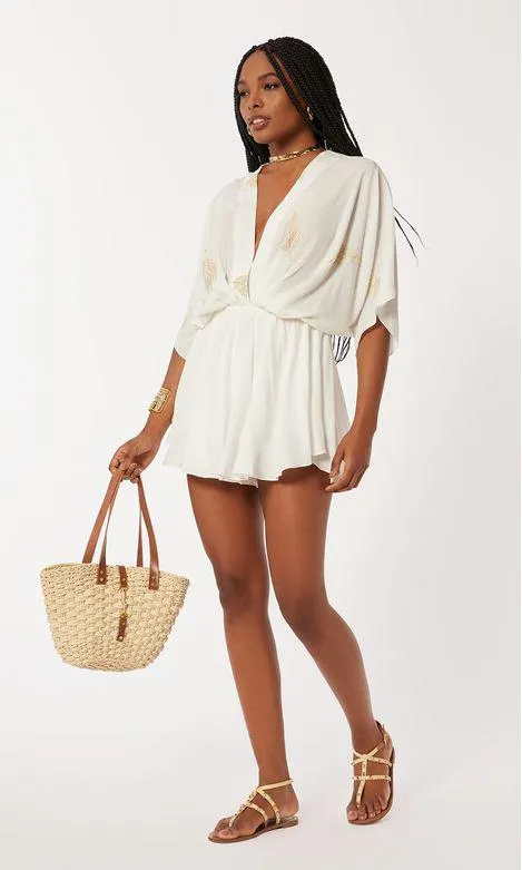 Macaquinho Bordado Folha Ouro - Off