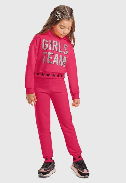 Conjunto 2pçs Manga Longa Infantil Kyly Girls Team Rosa