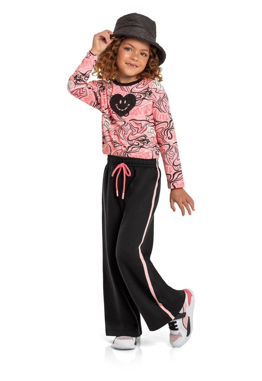 Conjunto Infantil Cropped e Calça Pantalona Quimby Rosa