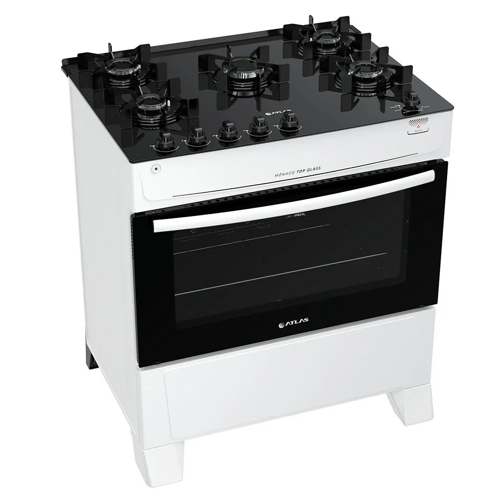 Fogão 5 Bocas de Piso Atlas Mônaco Top Glass, Acendimento Automático, Branco - 300000710 Bivolt