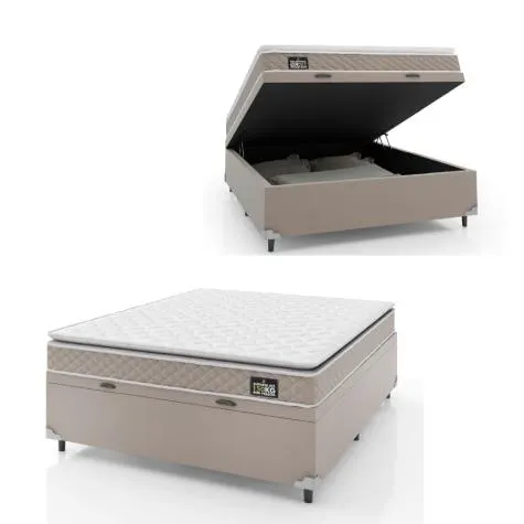 Cama Box Casal Baú Colchão D45 com Pillow Top Hellen Strong 138x188x65cm Bege - Suporta até 150kg por Pessoa