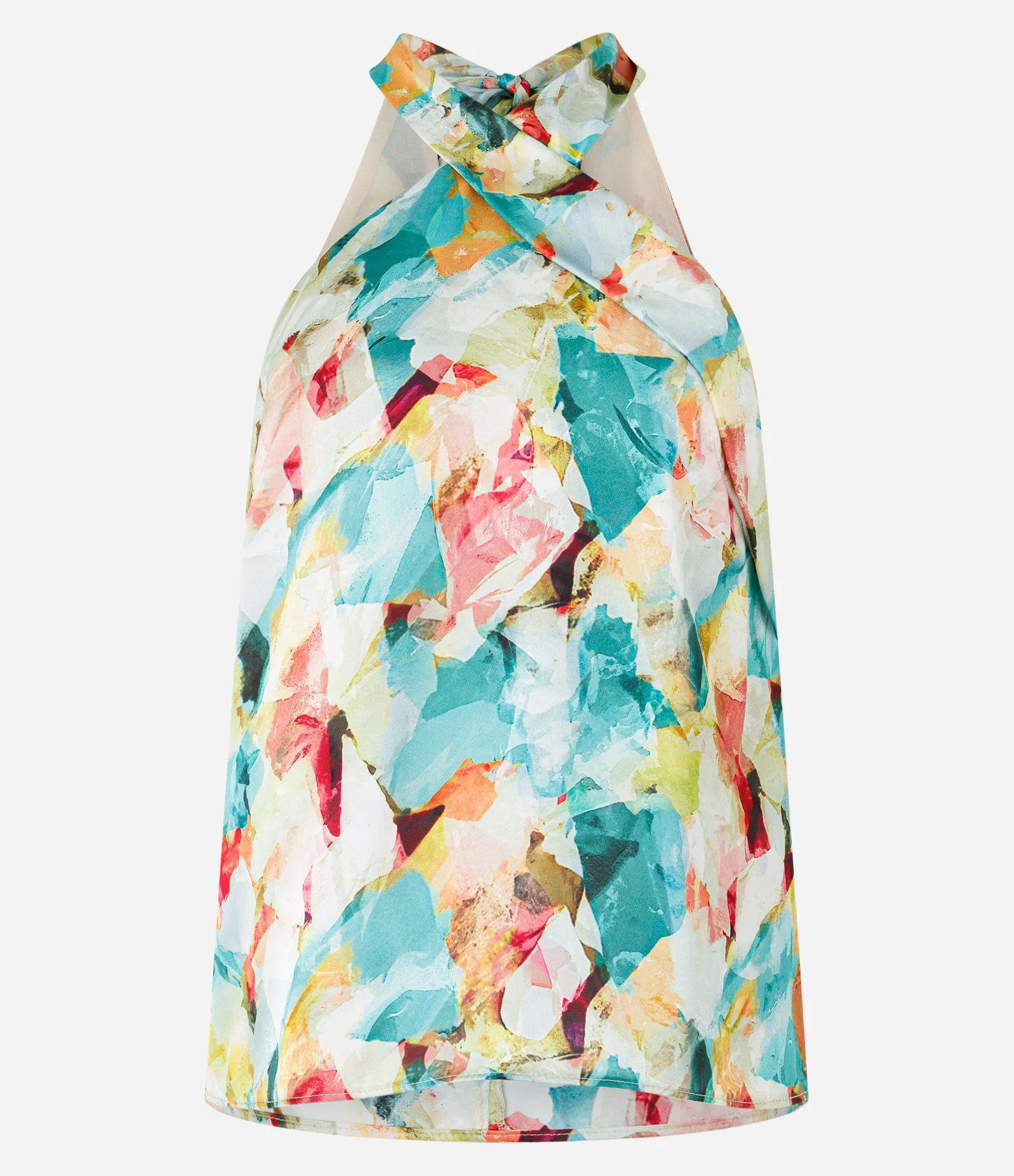 Blusa Acetinada com Laço no Pescoço e Estampa Abstrata Multicores