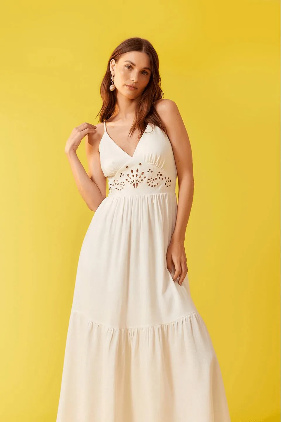 Vestido Linho Cropped Bordado Rechilieu